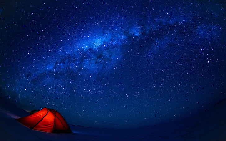 tent, Milky Way, landscape, blue, night, aurora, HD wallpaper