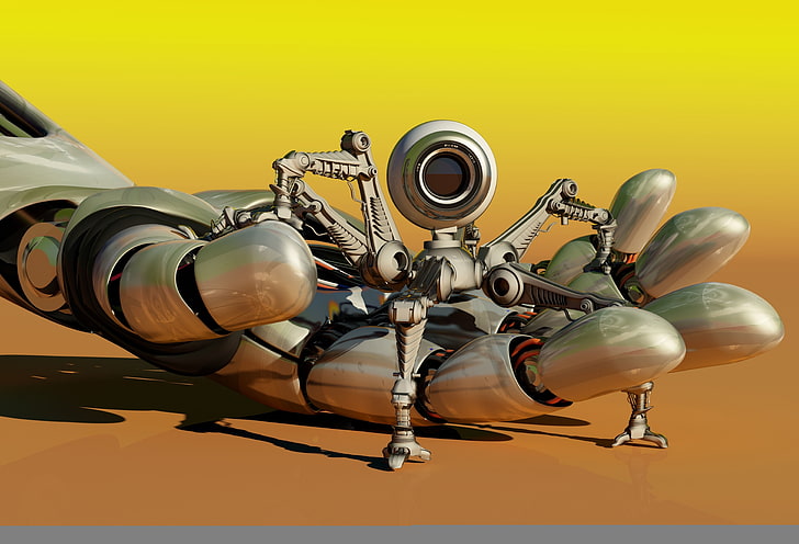 gray robot toy, macro, mechanism, hand, camera, blur, Android, HD wallpaper