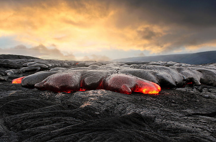 lava photo, ash, magma, sky, volcano, cloud - sky, geology, nature, HD wallpaper