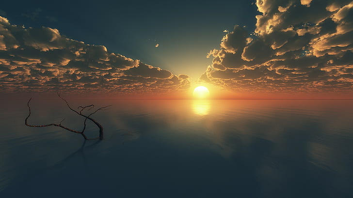 Nature, Landscape, Water, Clouds, Reflection, Sunrise, Horizon, Branch, Sun Rays, Sun, withered tree in a body of water