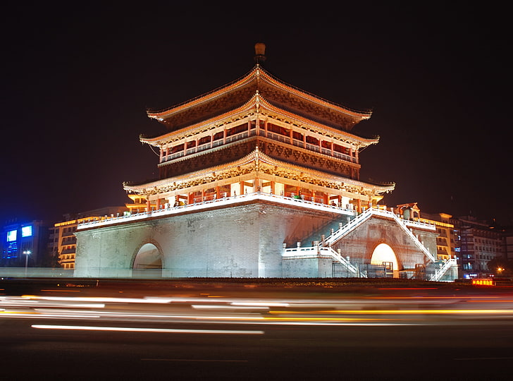 Bell Tower Of Xian, China, Asia, Lights, Cars, Traffic, belltower, HD wallpaper