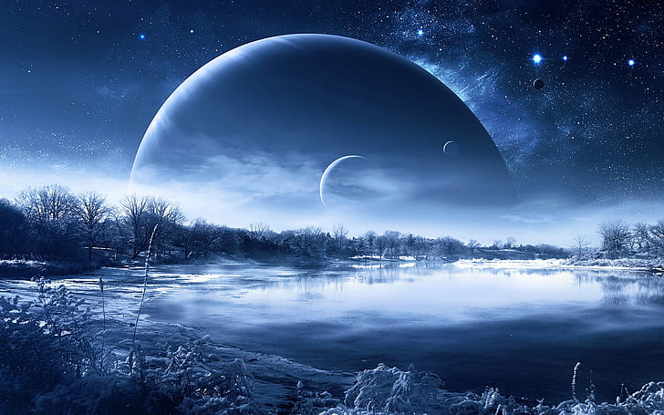 Winter snow lake trees, planets in the sky, creative design