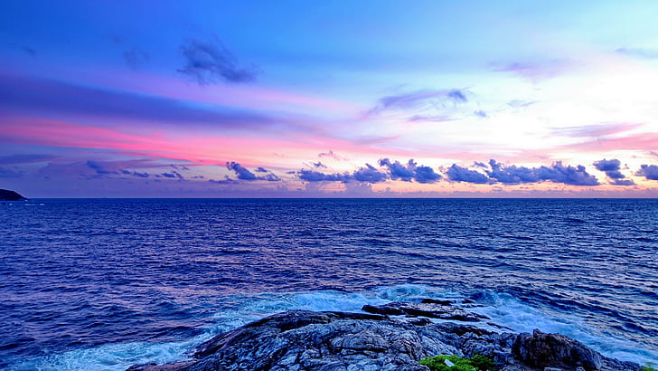 sea, sky, horizon, ocean, water, shore, calm, sunset, rocky, HD wallpaper