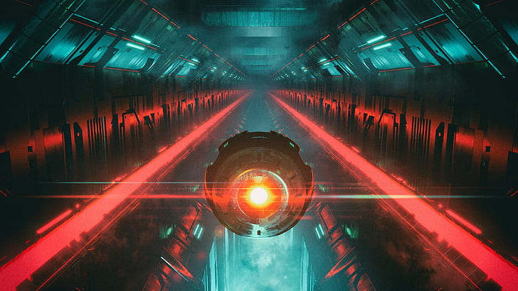 David Legnon, hallway, cyberpunk, science fiction, red light, HD wallpaper