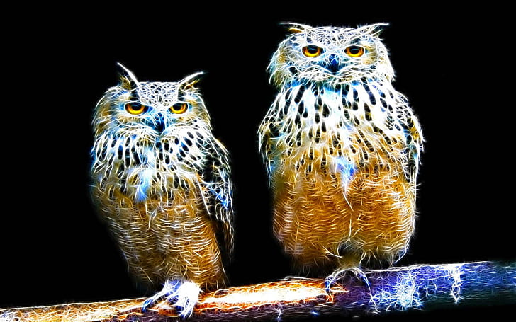 Twin Eagle Owl, fractalius, bird, beauty, animal, sparkle, animals, HD wallpaper
