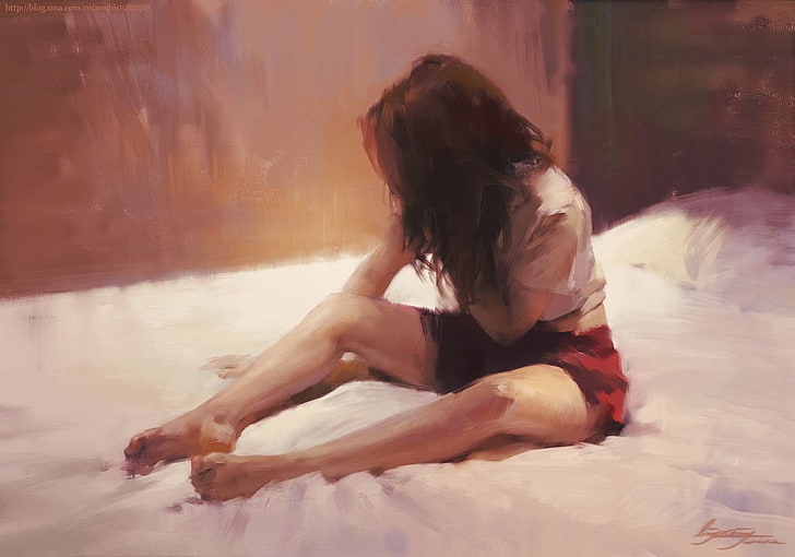 painting, women, bed, brunette, artwork, one person, real people