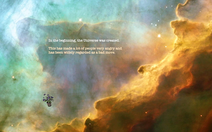 blue and orange clouds, space, quote, The Hitchhiker's Guide to the Galaxy, HD wallpaper
