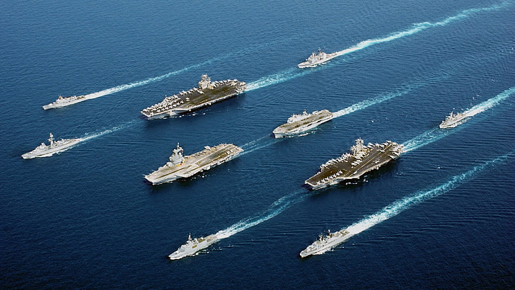 navy fleet group, aircraft carrier, warship, military, sea, vehicle, HD wallpaper