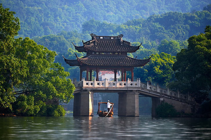 brown wooden gondola, china, river, bridge, building, pavilion