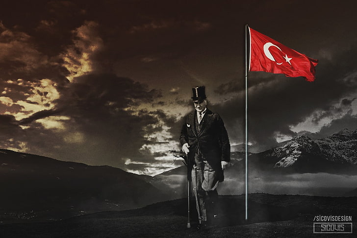 man holding golf club beside Turkey flag digital wallpaper, Mustafa Kemal Atatürk, HD wallpaper