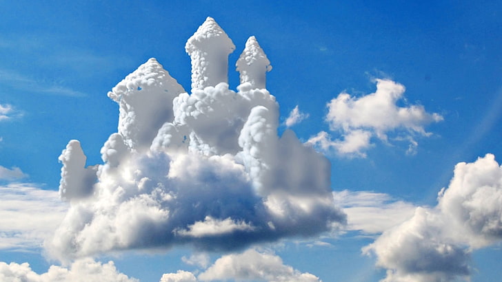 white and blue floral textile, clouds, sky, castle, digital art