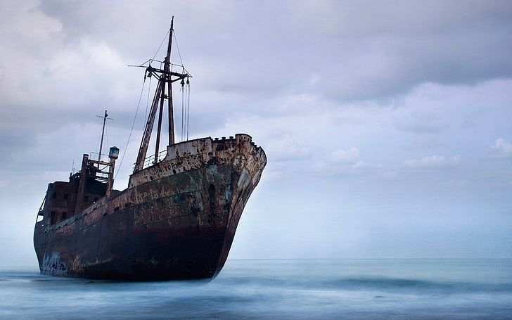 shipwreck, old ship, beach, sea, sky, clouds, photography, rust, HD wallpaper