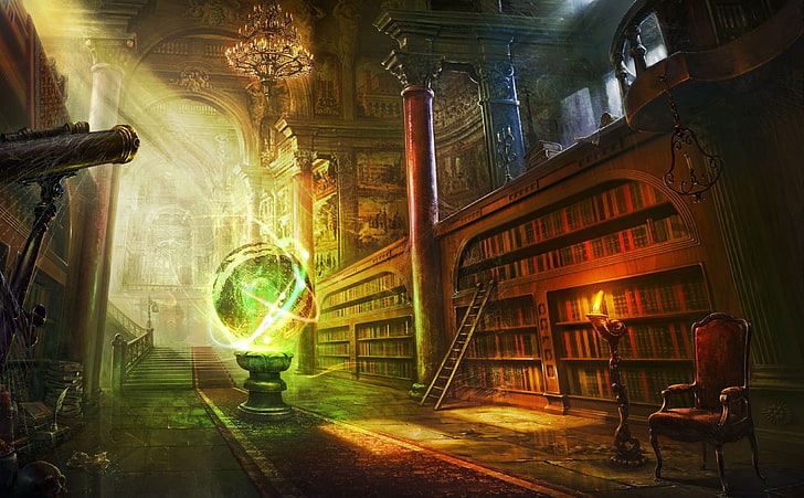 green and brown crystal ball digital wallpaper, magic, library