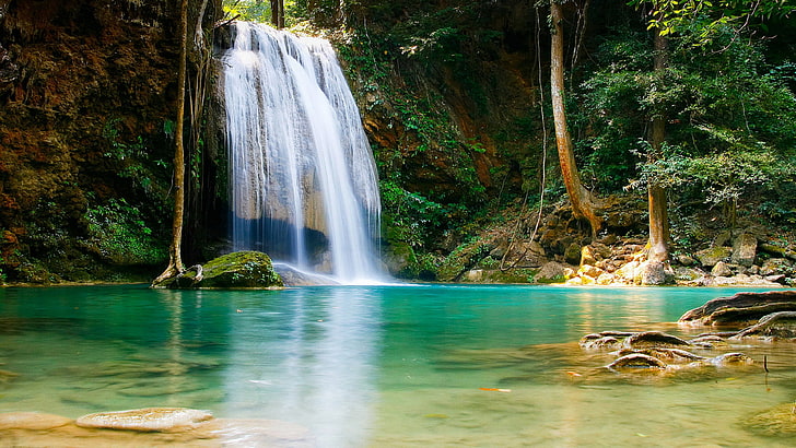Deep In Jungle Forest Waterfall Erawan In Kanchanaburi Thailand Desktop Wallpaper 3840×2160