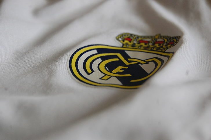 yellow and black clothe patch logo, Real Madrid, soccer, close-up