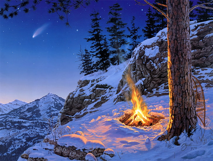 bonfire on mountain illustration, winter, stars, snow, landscape