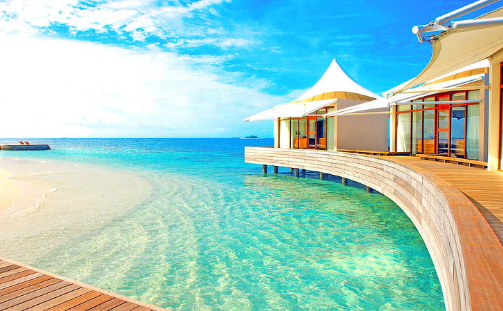 Luxury Water Bungalows, brown wooden dock, Travel, Islands, Ocean, HD wallpaper
