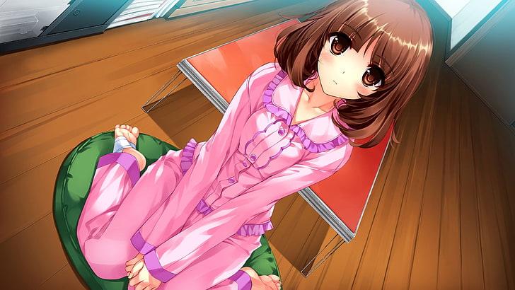 brown-haired female anime character, girl, room, pajamas, sadness