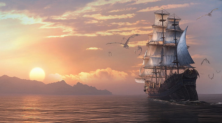 sailing ship wallpaper, sea, sunset, sailboat, dragons, art, Dragon Eternity, HD wallpaper