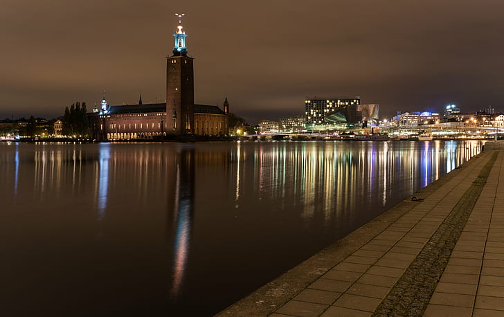 high rise building near body of water, calm, Sweden, Stockholm, HD wallpaper