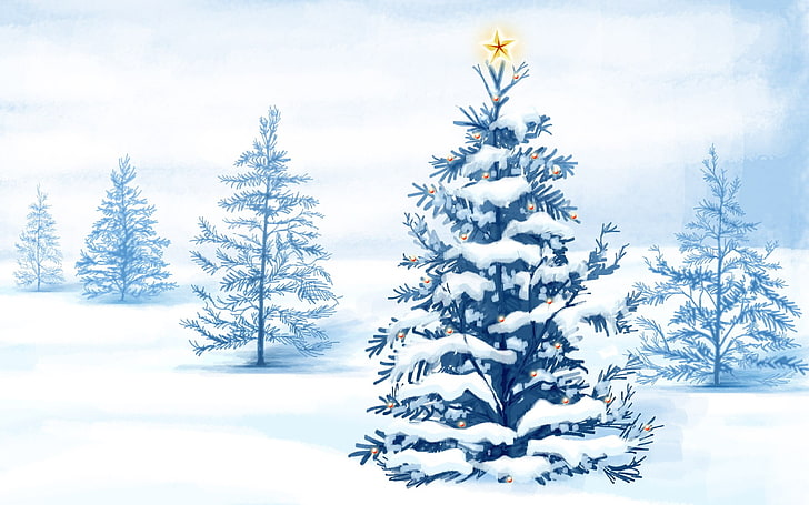 pine trees, Christmas, bright, cyan, snow, winter, cold temperature, HD wallpaper