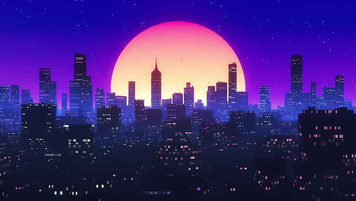 The sun, Night, Music, The city, Background, 80s, 80's, Synth, HD wallpaper