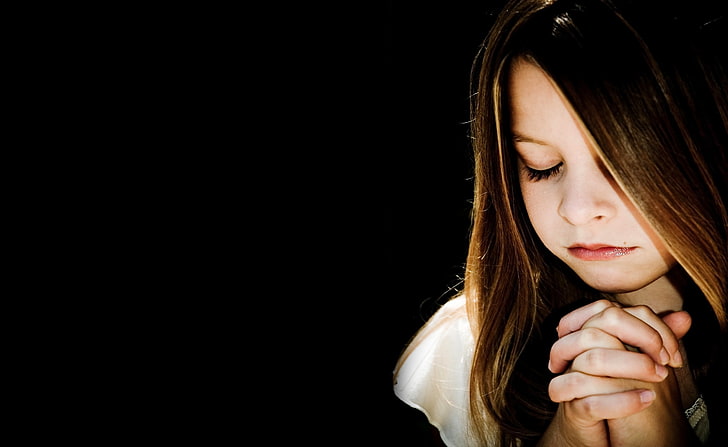 Child Praying, girl's white top, Aero, Black, studio shot, black background
