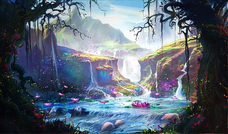 Fantasy, Landscape, Lake, Waterfall, HD wallpaper