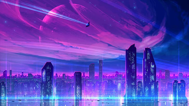 digital painting, neon, cityscape, futuristic, science fiction