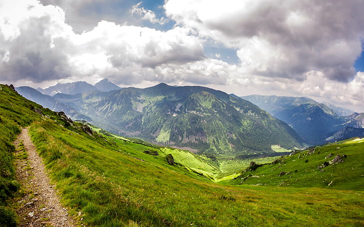 grass, clouds, mountains, stones, trail, slope, Poland, gorge