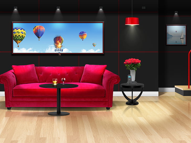 interior, hot air balloons, picture frames, couch, room, table