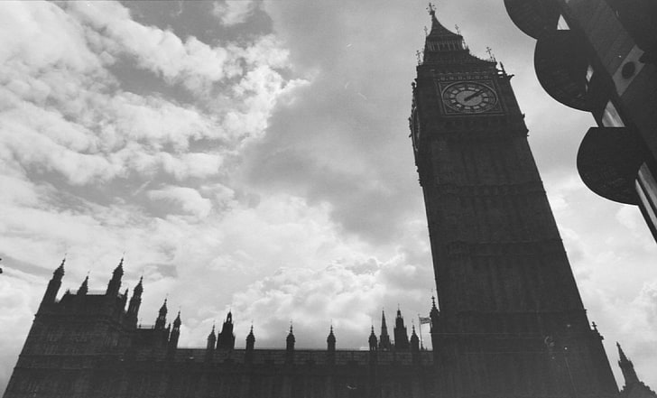 low-angle grayscale photo of Elizabeth Tower, London, Big Ben, HD wallpaper