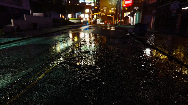 grand theft auto v, city, night, street, wet, water, rain, architecture