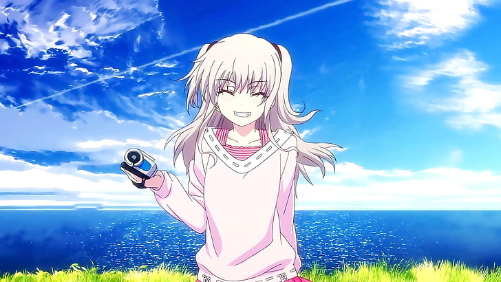 silver hair, Charlotte (anime), smiling, Tomori Nao, clouds, HD wallpaper