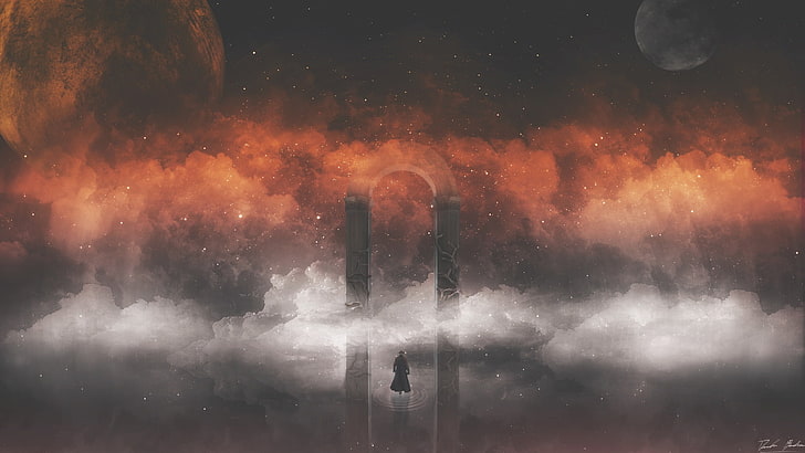 person standing near two black towers, digital art, red, arch, HD wallpaper