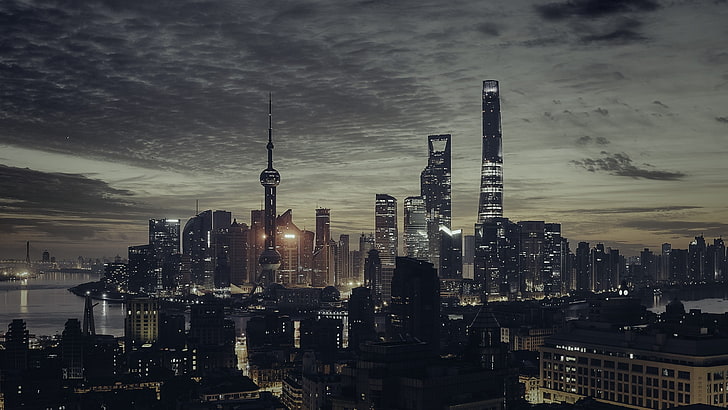 cityscape, skyline, evening, Shanghai, building exterior, architecture