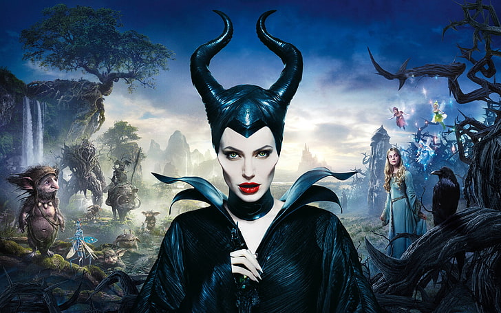 Maleficent, Angelina Jolie, actress, movies, Elle Fanning, portrait, HD wallpaper