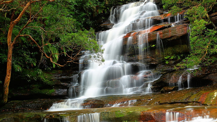waterfalls, nature, trees, motion, long exposure, flowing water, HD wallpaper