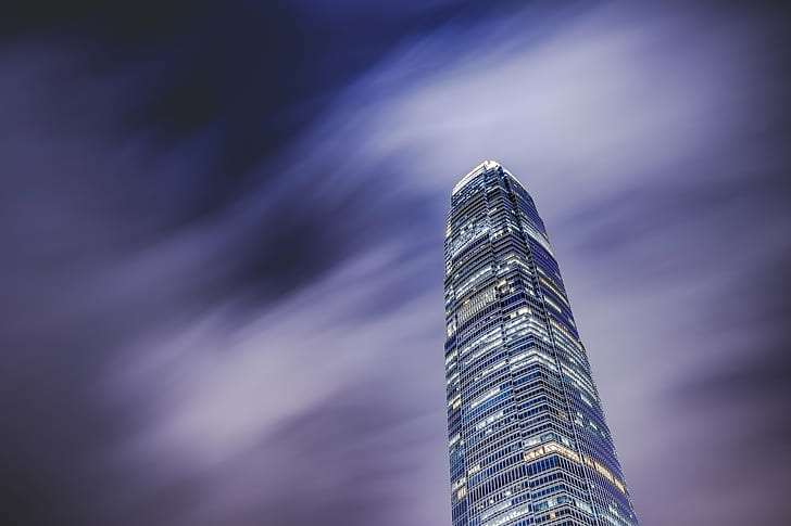 low angle photo of lighted high-rise building, international finance centre, hong kong, international finance centre, hong kong, HD wallpaper