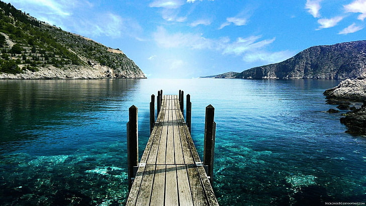brown wooden boats dock, lake, water, Greece, beauty in nature, HD wallpaper