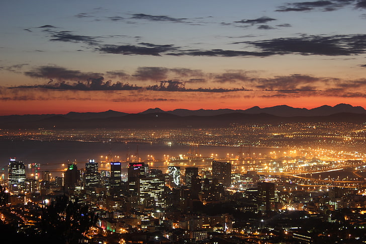 aerial photo of city, Cape Town, lights, sunrise, Mother City, HD wallpaper