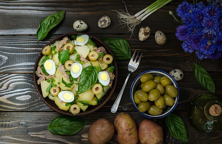 food, still life, eggs, olives, potatoes, basil, flowers, blue flowers