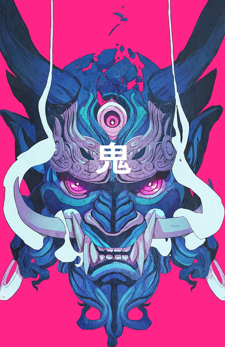 blue and gray oni mask digital wallpaper, demon, samurai, Chun Lo HD wallpaper