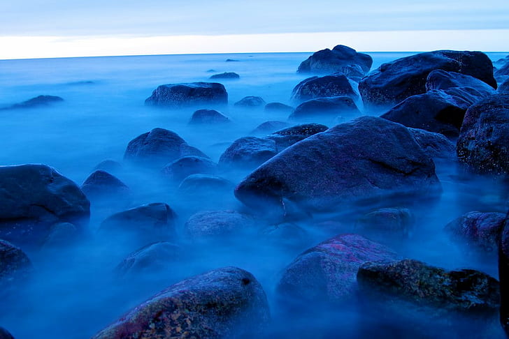 time-lapse photography of fog on large rocks, Lighthouse, Narragansett Bay