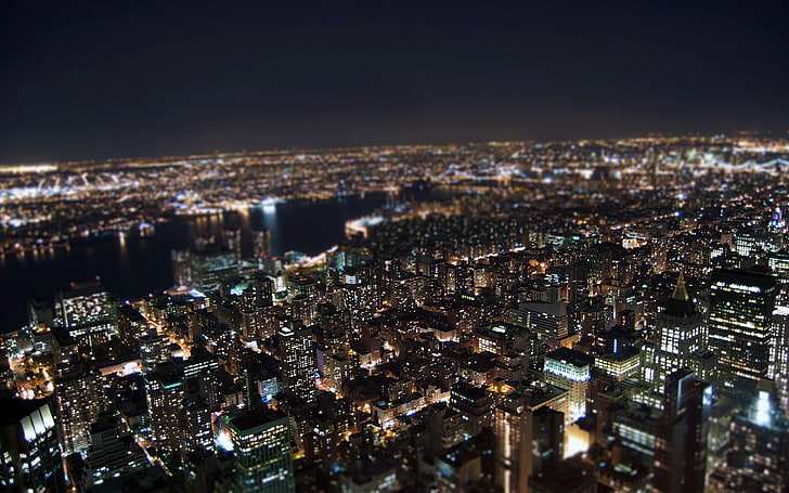 city lights, cityscape, building, blurred, tilt shift, night