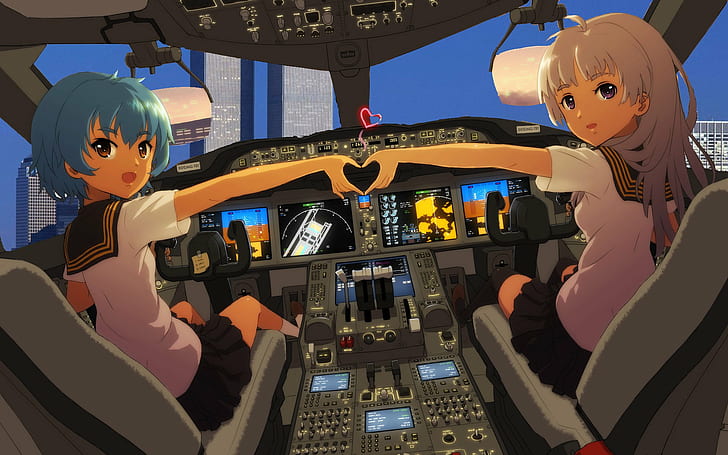 anime girls, airplane, schoolgirl, World Trade Center, HD wallpaper