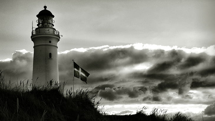 Denmark, lighthouse, flag, clouds, monochrome