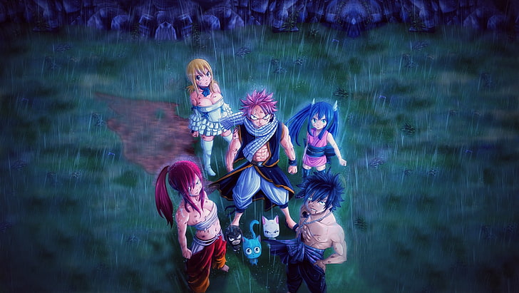Fairytail Natsu, Lucy, Gray, and Erza wallpaper, Anime, Fairy Tail