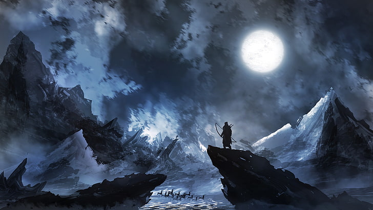 silhouette of person holding bow, fantasy art, Moon, hero, clouds