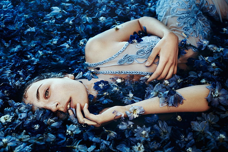 look, girl, mood, petals, flowers, Bella Kotak, A sea of blue flowers